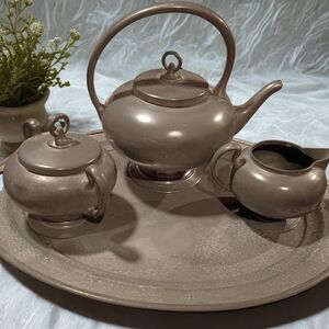 VINTAGE ROGERS 1881 VINTAGE PEWTER TEA SET WITH MARKERS MARK.